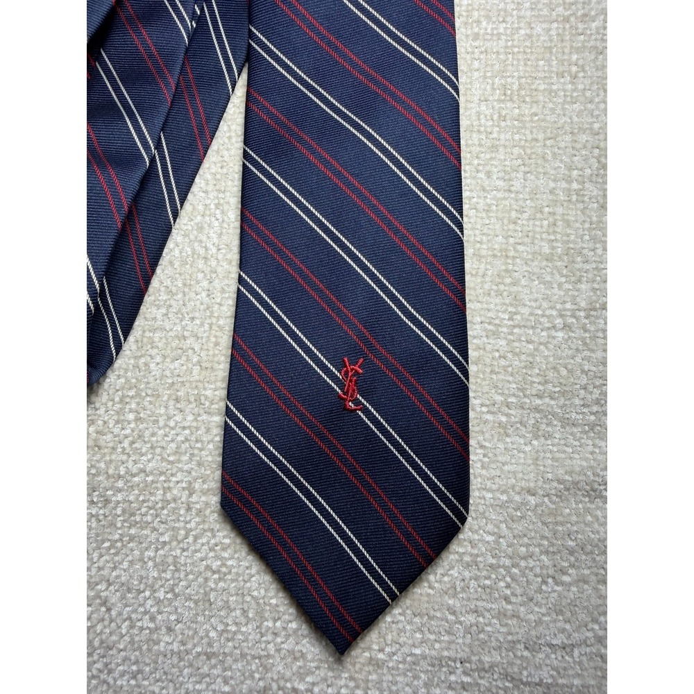 Yves Saint Laurent Vintage Silk Tie Navy Red White Repp Stripe YSL - Picture 3 of 7